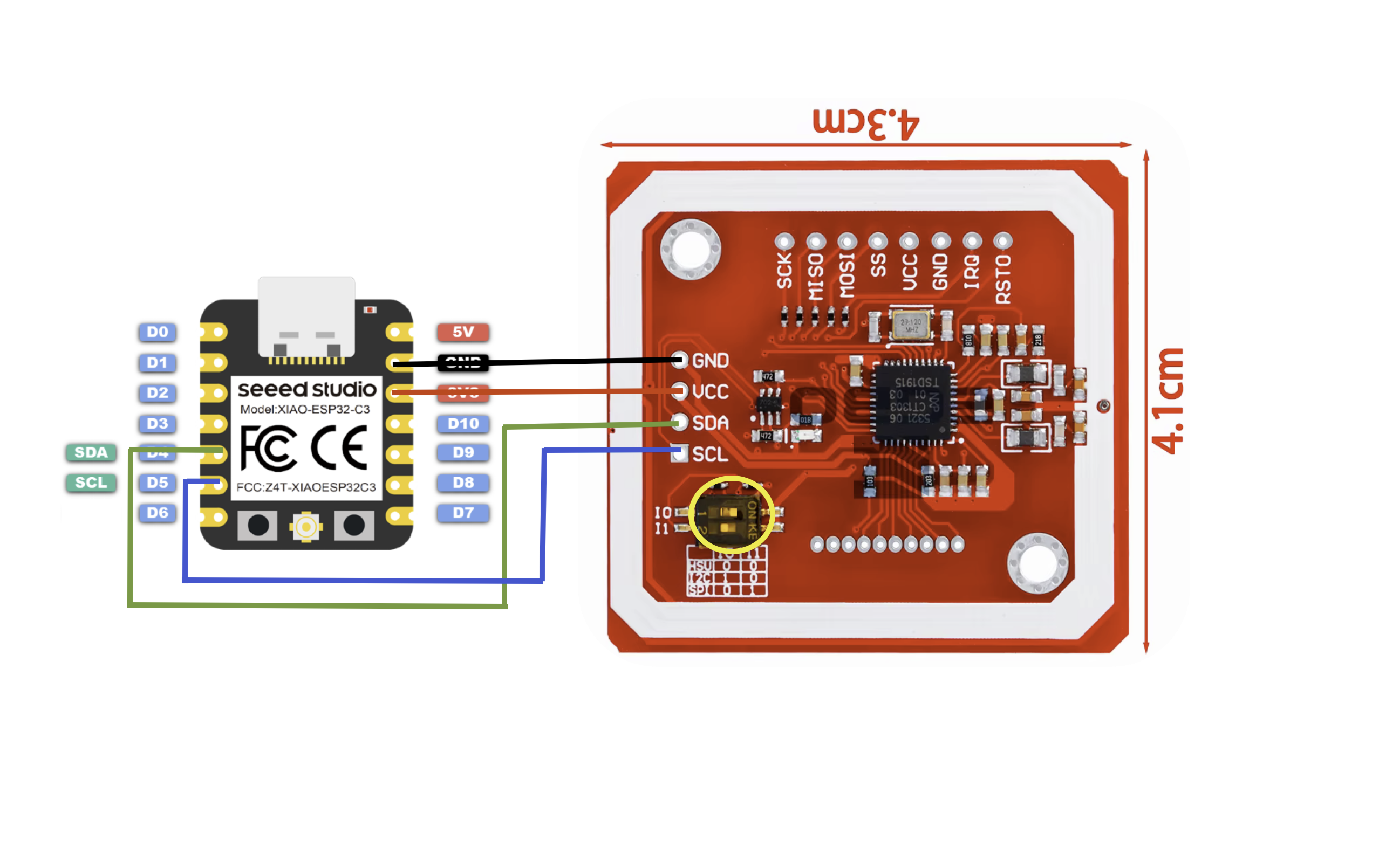 Wiring diagram showing a Seeed XIAO-ESP32-C3 connected to a PN532 NFC module over I2C