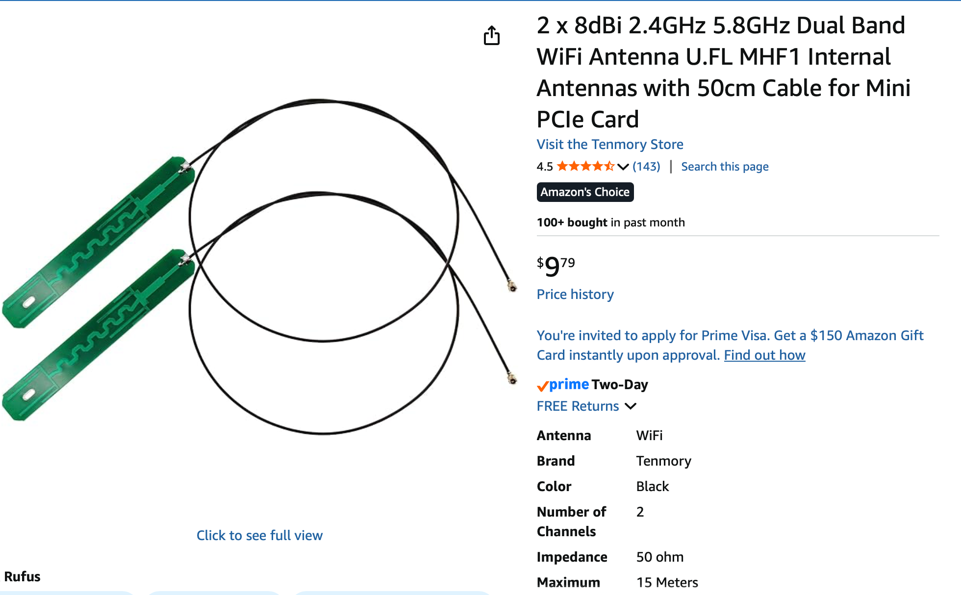 Pair of Tenmory 8 dBi U.FL antennas with 50 cm cable