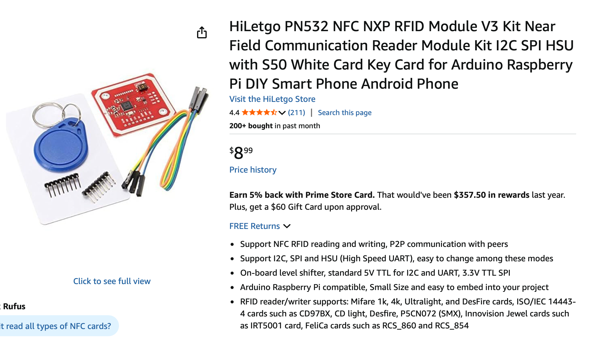 HiLetgo PN532 NFC RFID module with sample card and keychain